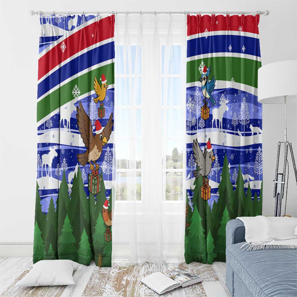 Gambia Christmas Window Curtain with Santa Birds Gift Boxes Forest Scene and Snowflake Pattern Design - Wonder Print Shop