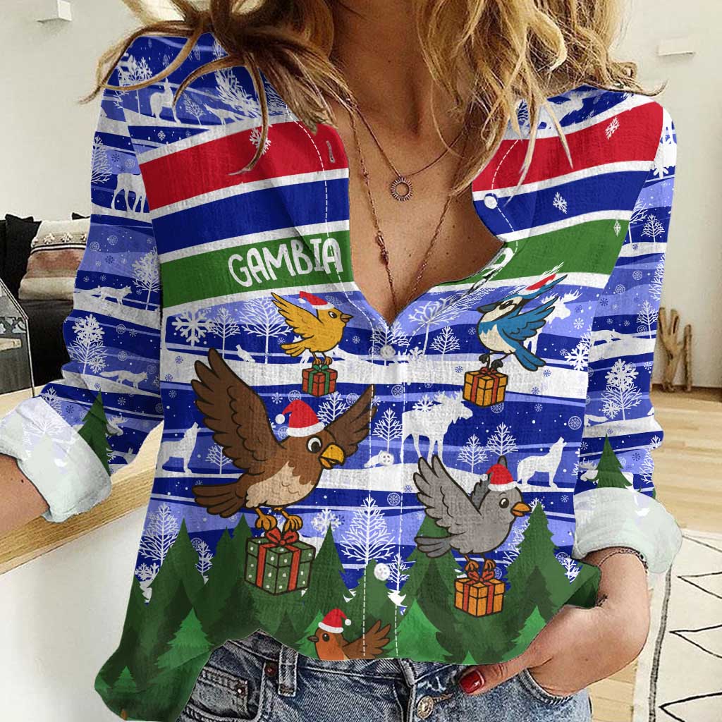 Gambia Christmas Women Casual Shirt with Santa Birds Gift Boxes Forest Scene and Snowflake Pattern Design - Wonder Print Shop