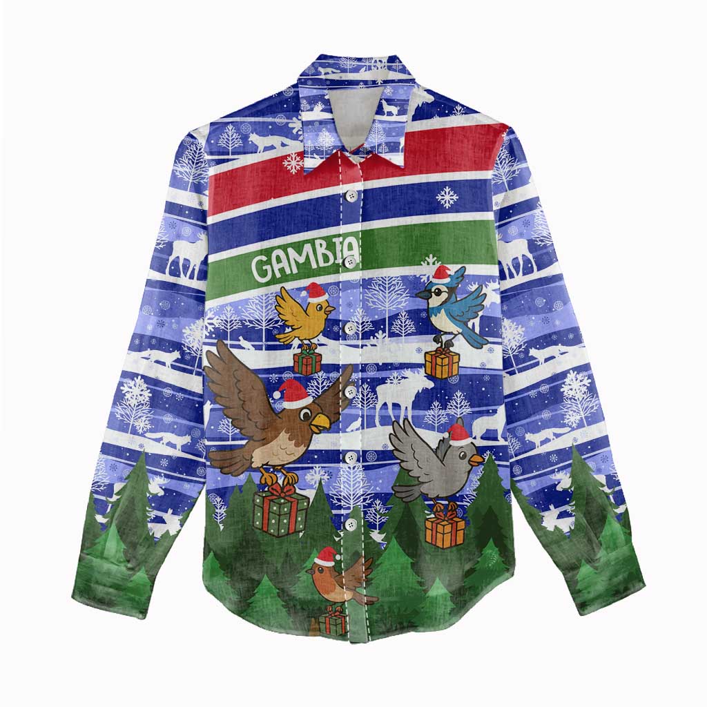 Gambia Christmas Women Casual Shirt with Santa Birds Gift Boxes Forest Scene and Snowflake Pattern Design - Wonder Print Shop