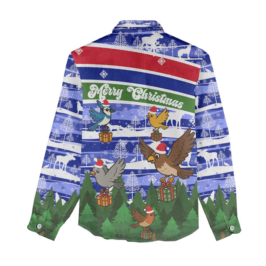 Gambia Christmas Women Casual Shirt with Santa Birds Gift Boxes Forest Scene and Snowflake Pattern Design - Wonder Print Shop