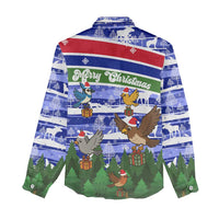 Gambia Christmas Women Casual Shirt with Santa Birds Gift Boxes Forest Scene and Snowflake Pattern Design - Wonder Print Shop