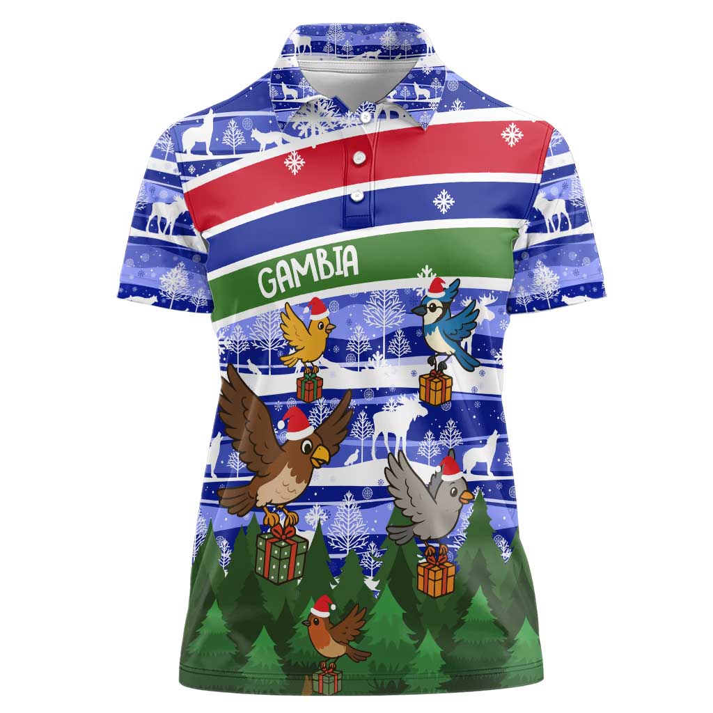 Gambia Christmas Women Polo Shirt with Santa Birds Gift Boxes Forest Scene and Snowflake Pattern Design - Wonder Print Shop