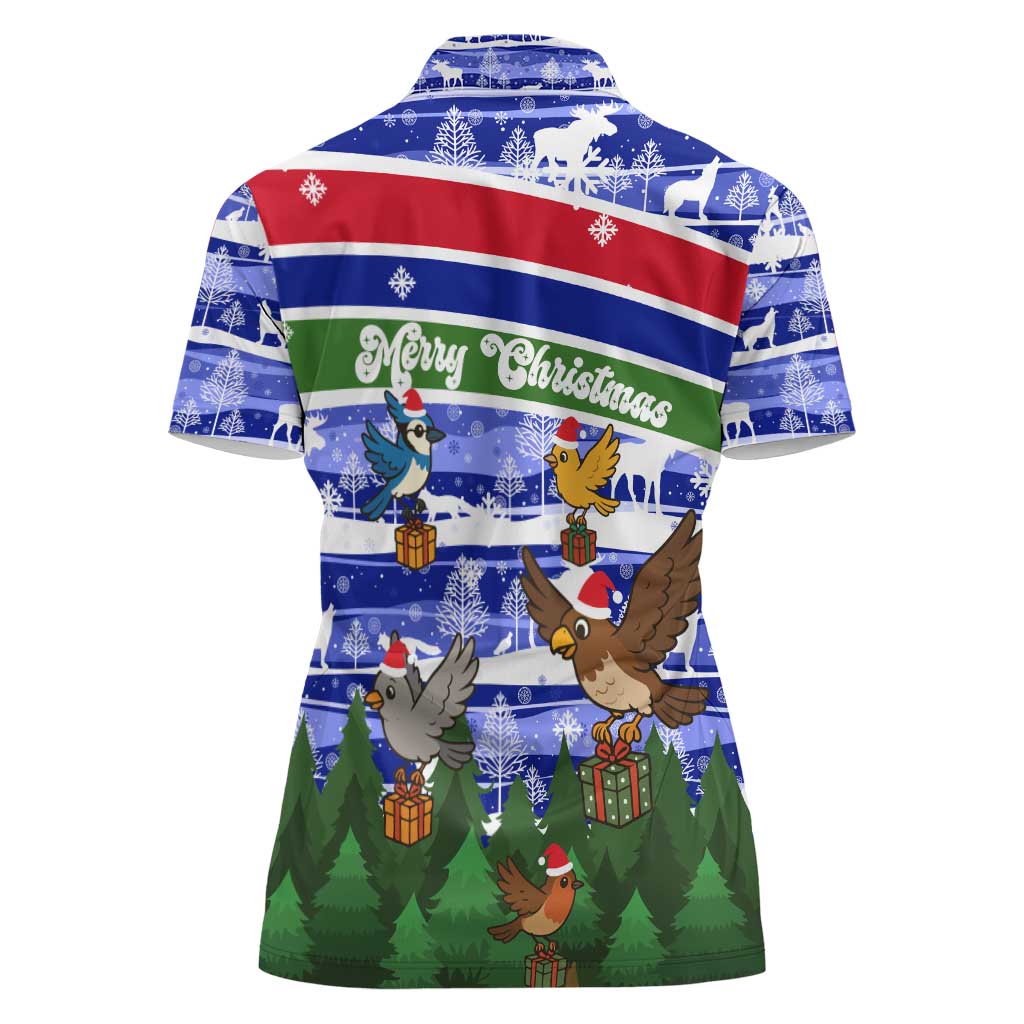 Gambia Christmas Women Polo Shirt with Santa Birds Gift Boxes Forest Scene and Snowflake Pattern Design - Wonder Print Shop