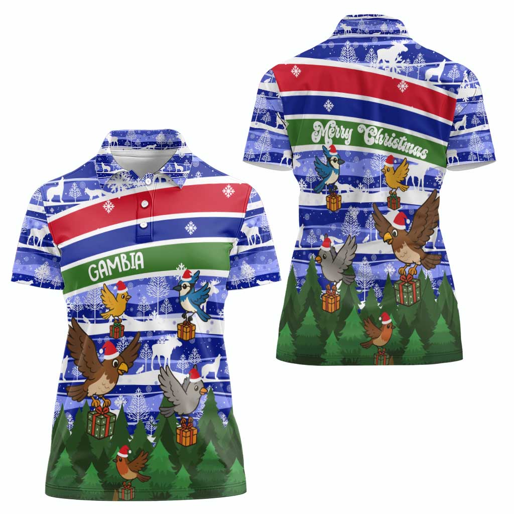 Gambia Christmas Women Polo Shirt with Santa Birds Gift Boxes Forest Scene and Snowflake Pattern Design - Wonder Print Shop