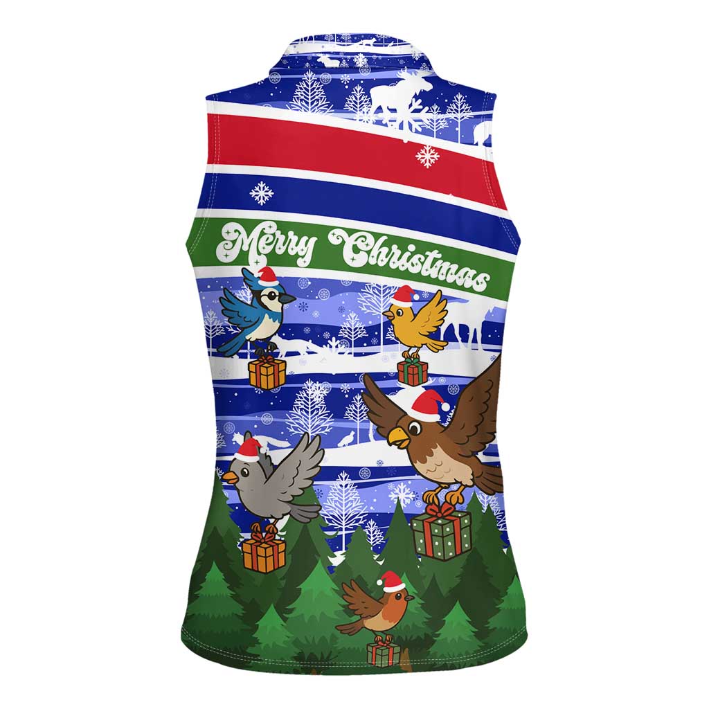 Gambia Christmas Women Sleeveless Polo Shirt with Santa Birds Gift Boxes Forest Scene and Snowflake Pattern Design - Wonder Print Shop