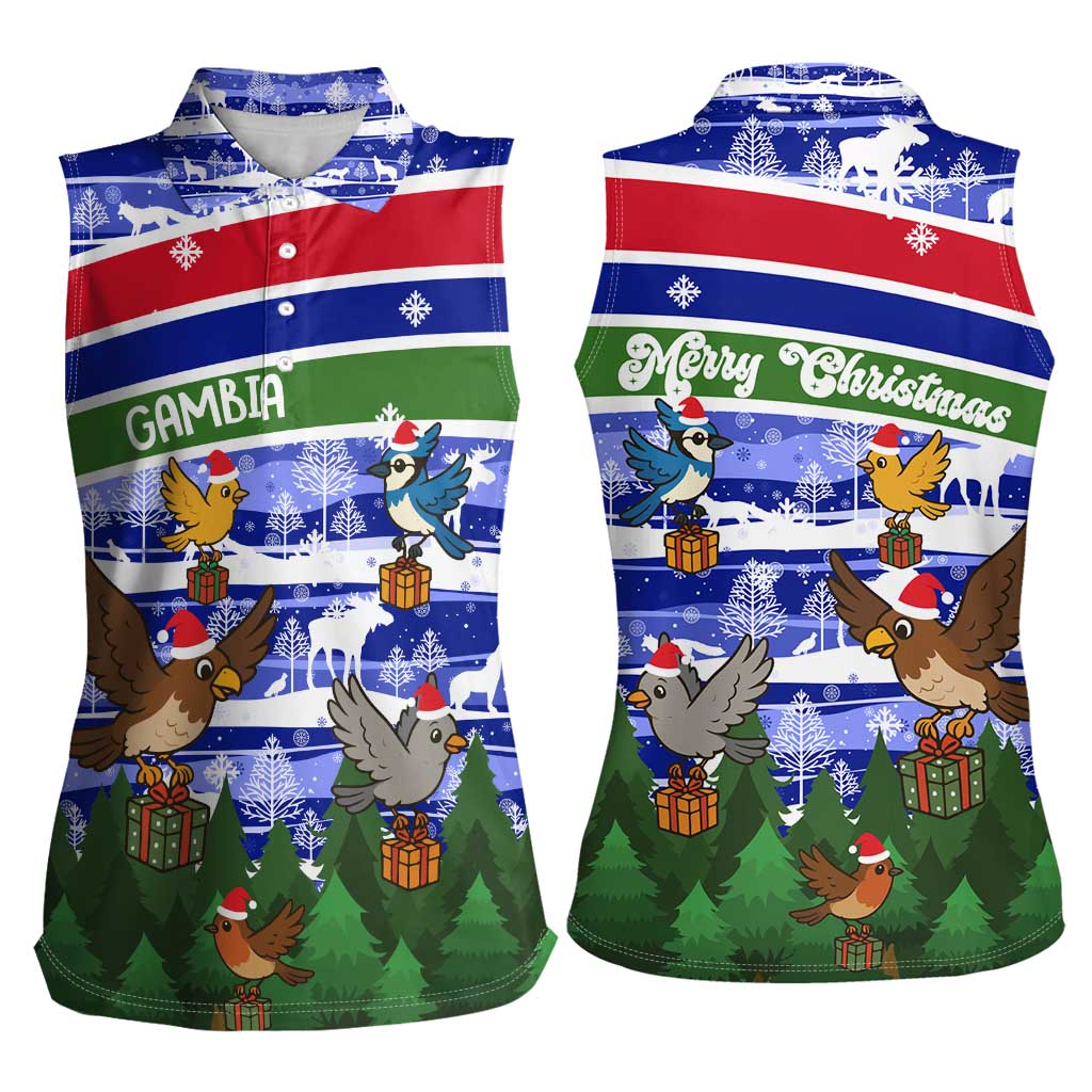 Gambia Christmas Women Sleeveless Polo Shirt with Santa Birds Gift Boxes Forest Scene and Snowflake Pattern Design - Wonder Print Shop
