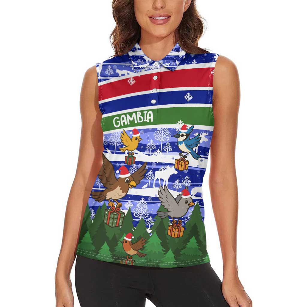 Gambia Christmas Women Sleeveless Polo Shirt with Santa Birds Gift Boxes Forest Scene and Snowflake Pattern Design - Wonder Print Shop