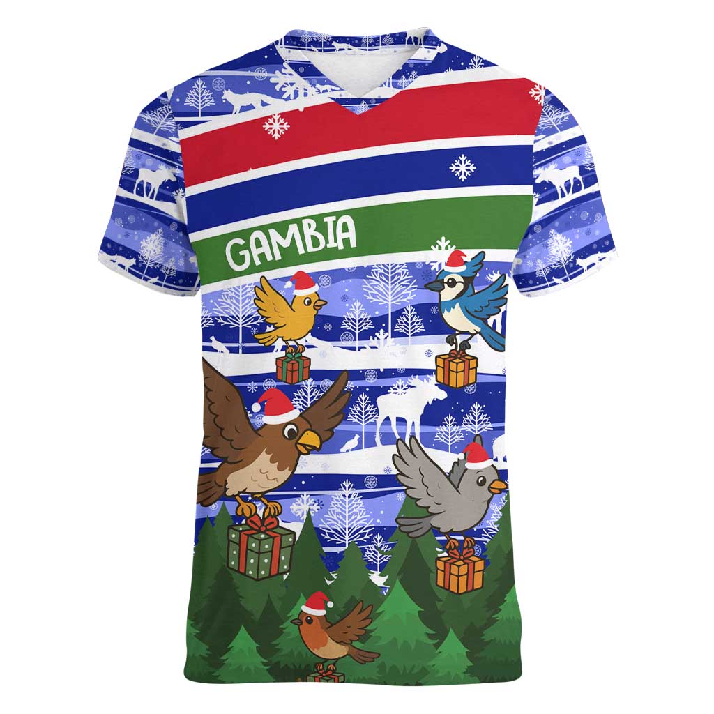 Gambia Christmas Women V-Neck T-Shirt with Santa Birds Gift Boxes Forest Scene and Snowflake Pattern Design - Wonder Print Shop