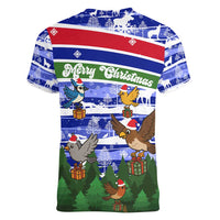 Gambia Christmas Women V-Neck T-Shirt with Santa Birds Gift Boxes Forest Scene and Snowflake Pattern Design - Wonder Print Shop