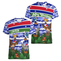 Gambia Christmas Women V-Neck T-Shirt with Santa Birds Gift Boxes Forest Scene and Snowflake Pattern Design - Wonder Print Shop