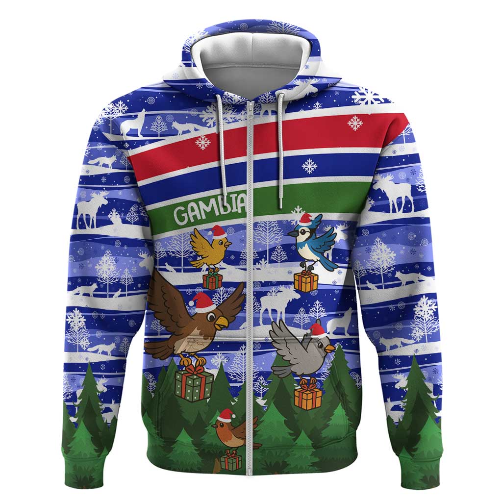 Gambia Christmas Zip Hoodie with Santa Birds Gift Boxes Forest Scene and Snowflake Pattern Design - Wonder Print Shop