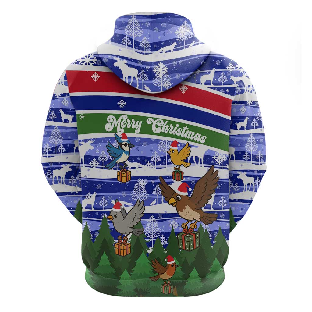 Gambia Christmas Zip Hoodie with Santa Birds Gift Boxes Forest Scene and Snowflake Pattern Design - Wonder Print Shop
