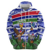 Gambia Christmas Zip Hoodie with Santa Birds Gift Boxes Forest Scene and Snowflake Pattern Design - Wonder Print Shop
