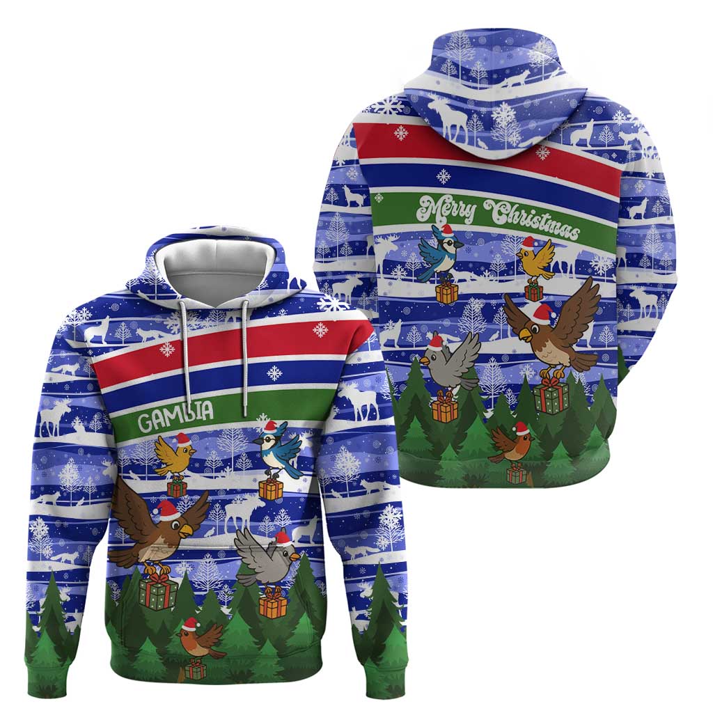 Gambia Christmas Zip Hoodie with Santa Birds Gift Boxes Forest Scene and Snowflake Pattern Design - Wonder Print Shop