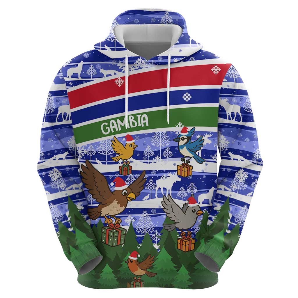 Gambia Christmas Zip Hoodie with Santa Birds Gift Boxes Forest Scene and Snowflake Pattern Design - Wonder Print Shop
