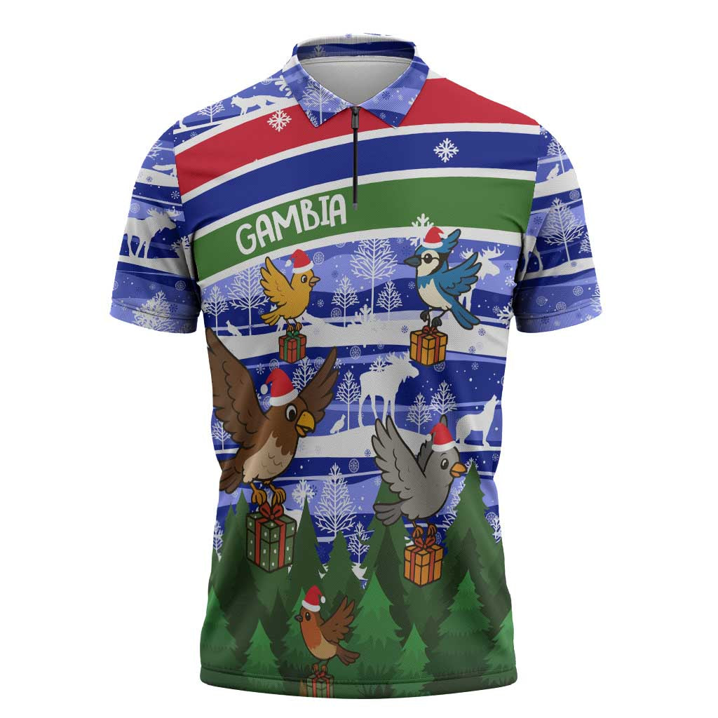 Gambia Christmas Zipper Polo Shirt with Santa Birds Gift Boxes Forest Scene and Snowflake Pattern Design - Wonder Print Shop