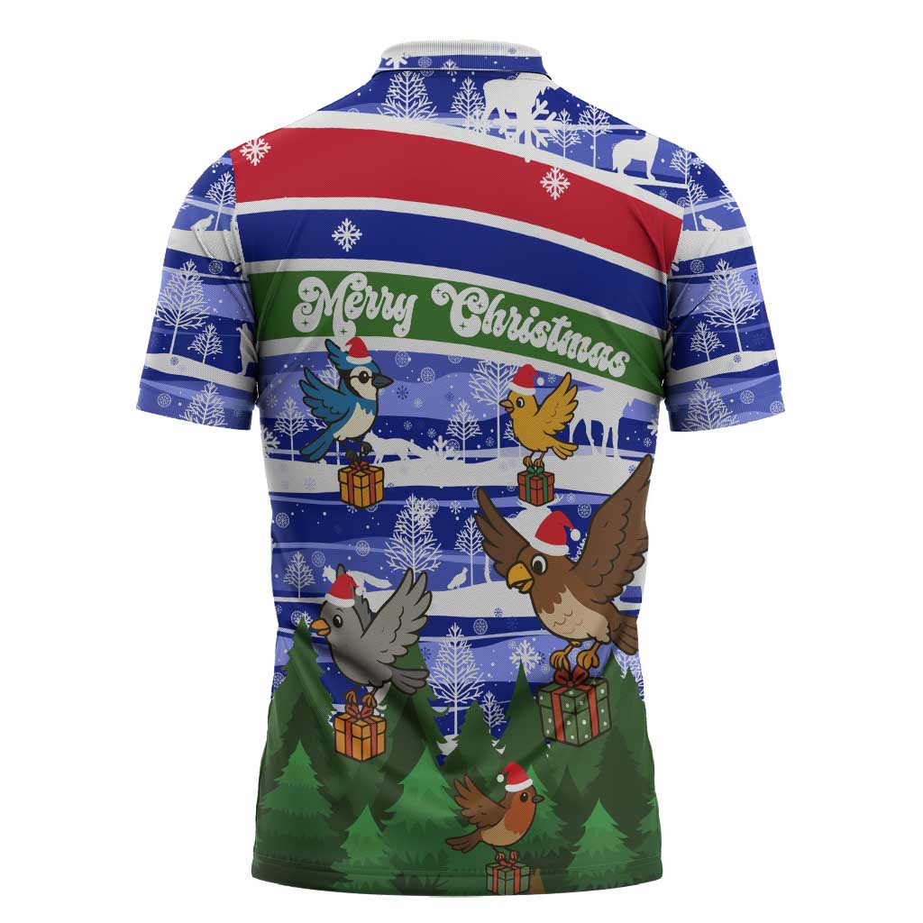 Gambia Christmas Zipper Polo Shirt with Santa Birds Gift Boxes Forest Scene and Snowflake Pattern Design - Wonder Print Shop