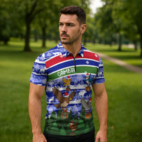 Gambia Christmas Zipper Polo Shirt with Santa Birds Gift Boxes Forest Scene and Snowflake Pattern Design - Wonder Print Shop