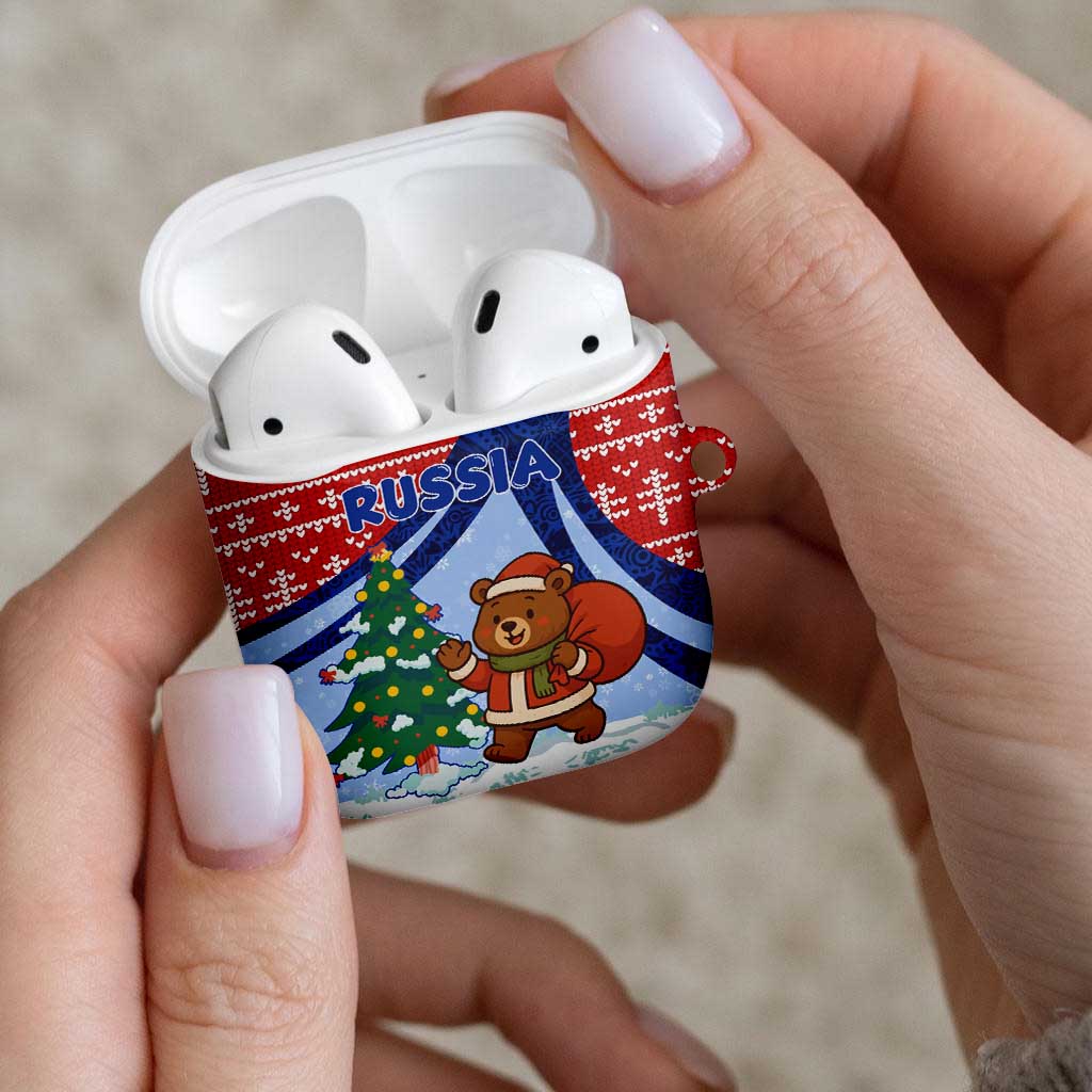 Russia Christmas AirPods Case with Santa Bear Gift Box Christmas Tree and Red Snowflake - Wonder Print Shop