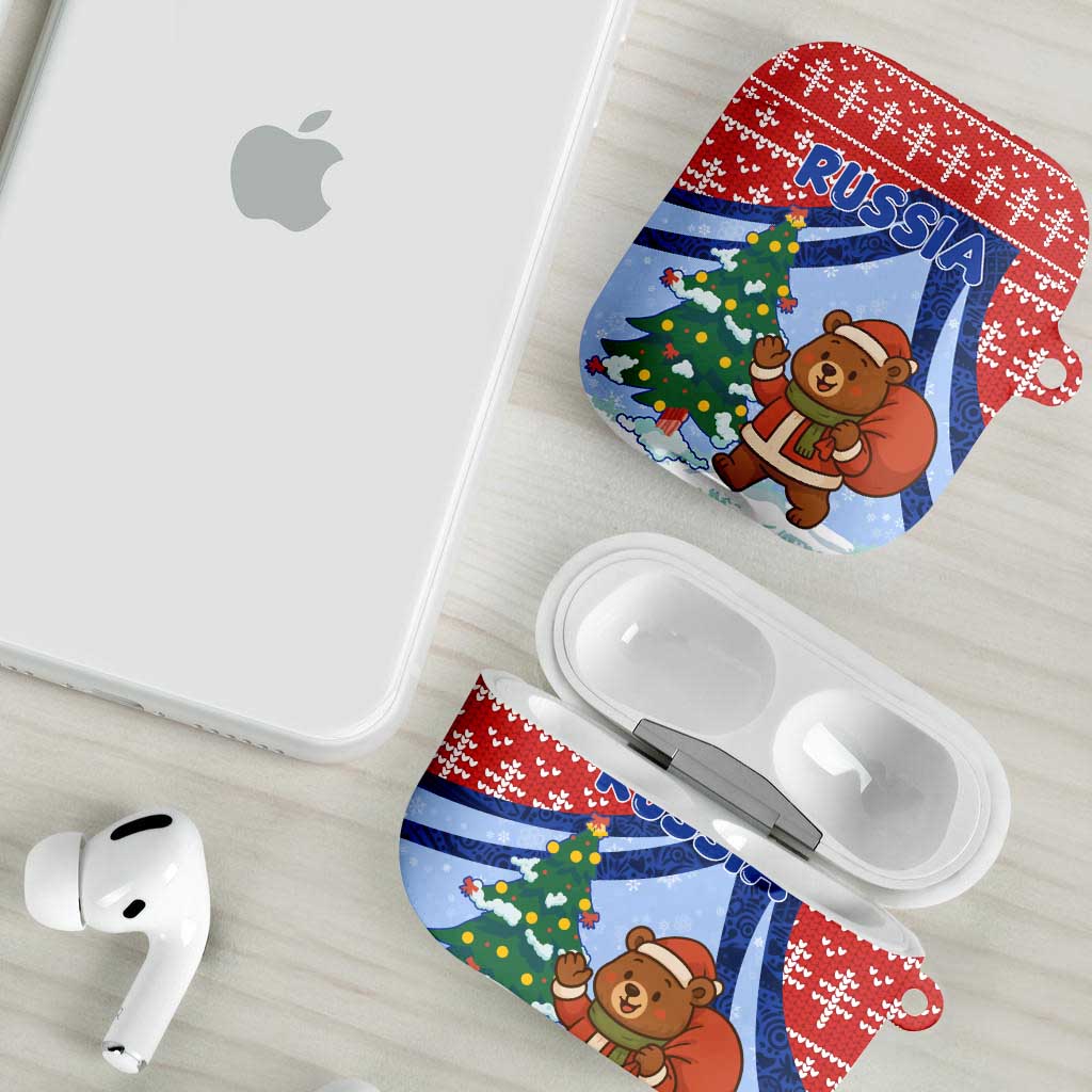 Russia Christmas AirPods Case with Santa Bear Gift Box Christmas Tree and Red Snowflake - Wonder Print Shop