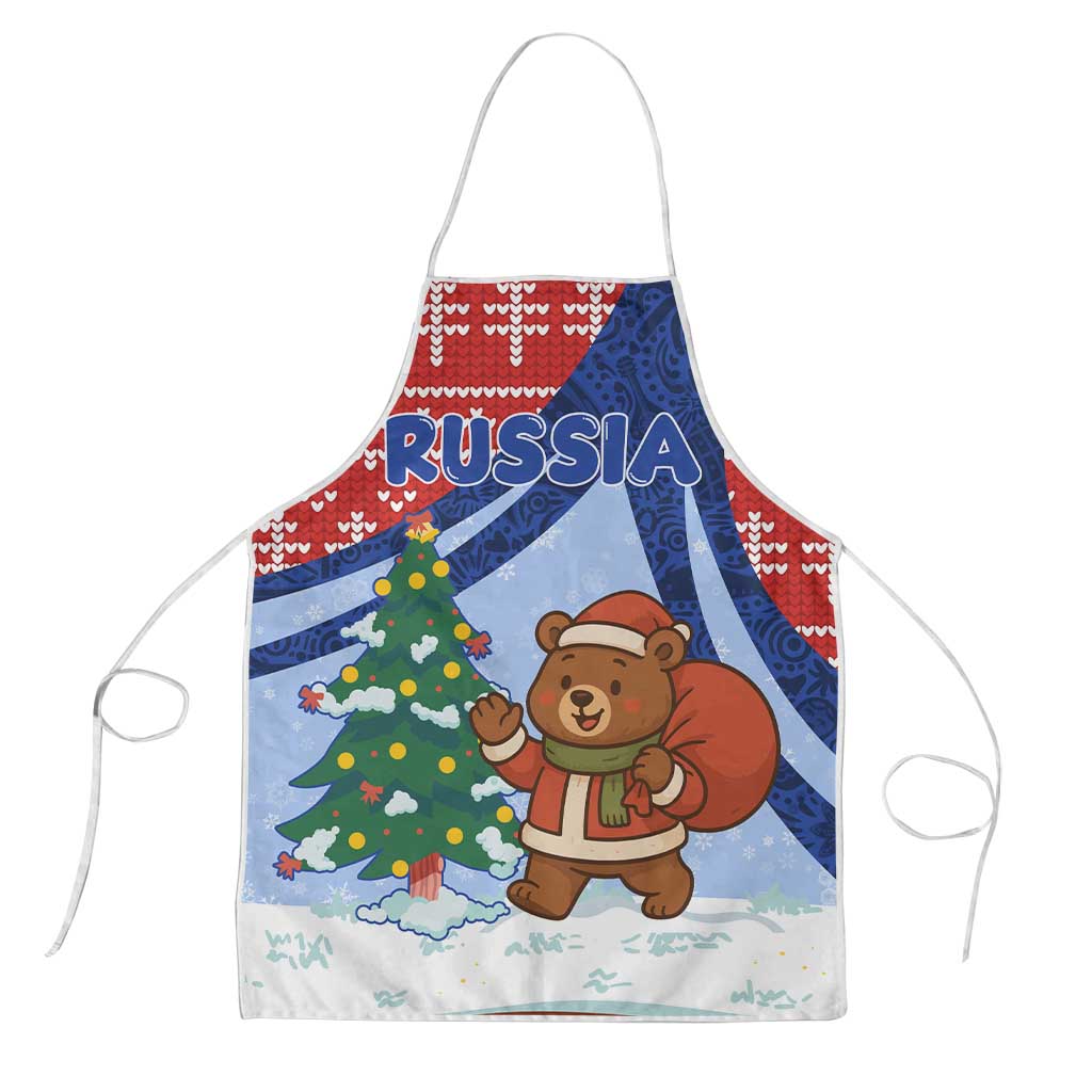 Russia Christmas Apron with Santa Bear Gift Box Christmas Tree and Red Snowflake - Wonder Print Shop