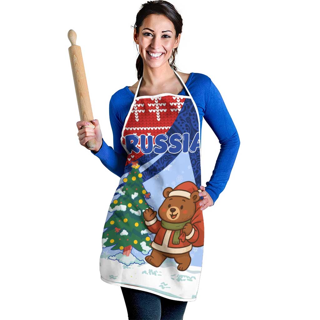 Russia Christmas Apron with Santa Bear Gift Box Christmas Tree and Red Snowflake - Wonder Print Shop