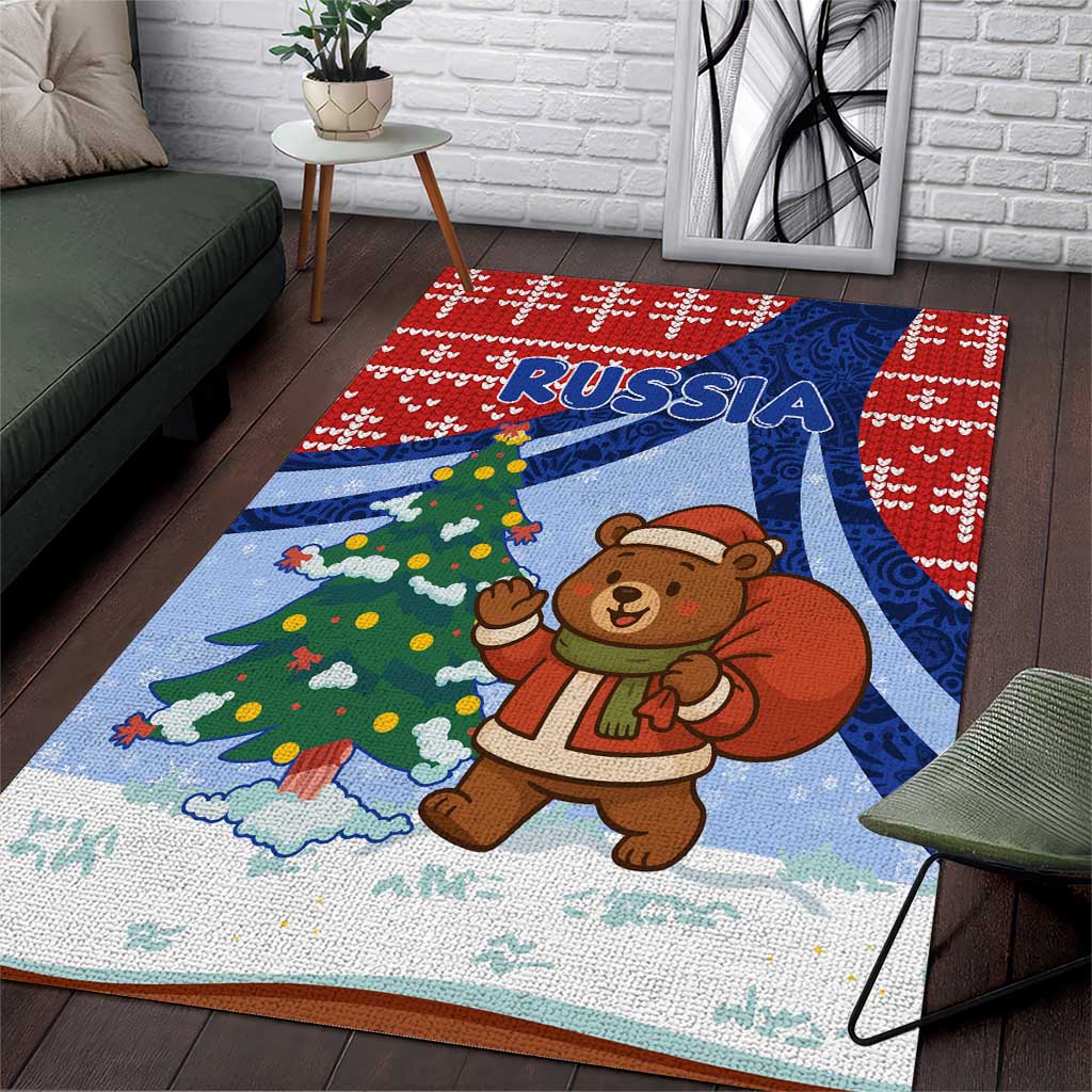 Russia Christmas Area Rug with Santa Bear Gift Box Christmas Tree and Red Snowflake - Wonder Print Shop