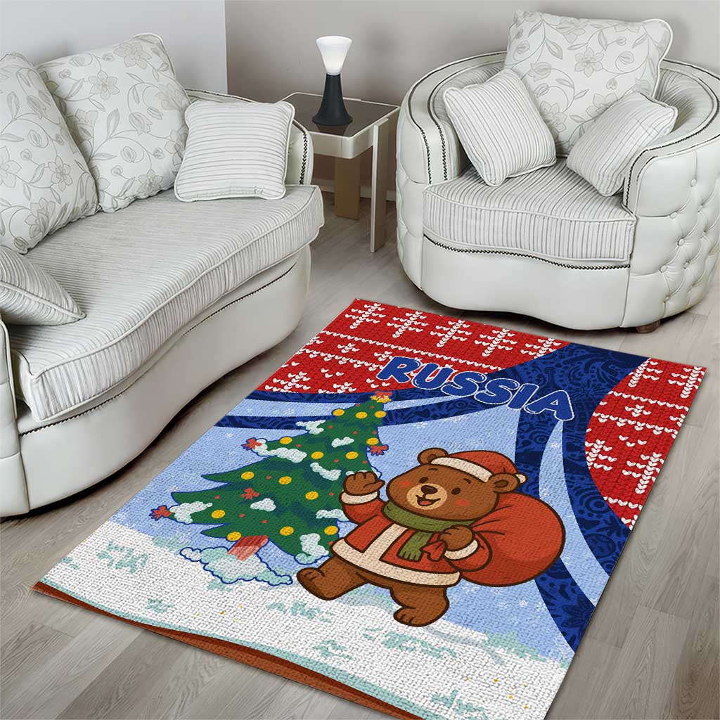 Russia Christmas Area Rug with Santa Bear Gift Box Christmas Tree and Red Snowflake - Wonder Print Shop