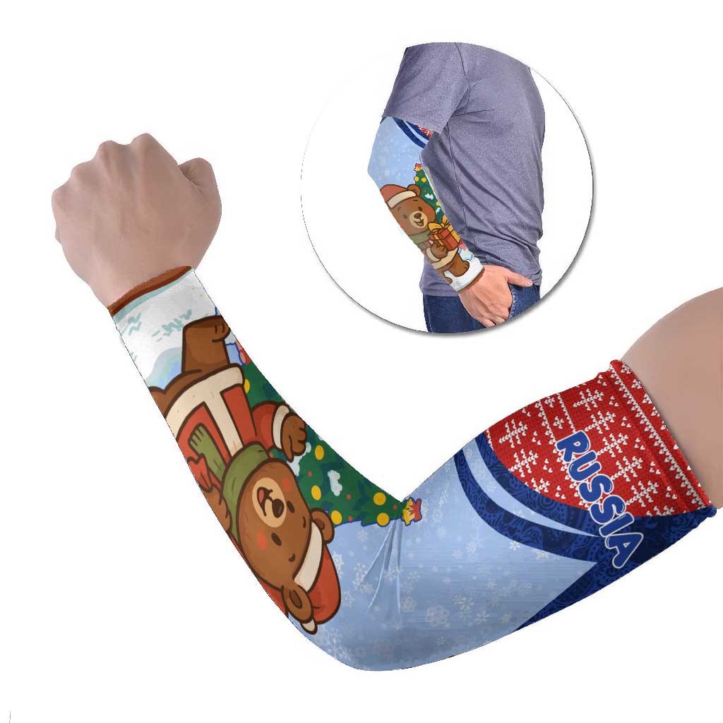Russia Christmas Arm Sleeves with Santa Bear Gift Box Christmas Tree and Red Snowflake - Wonder Print Shop