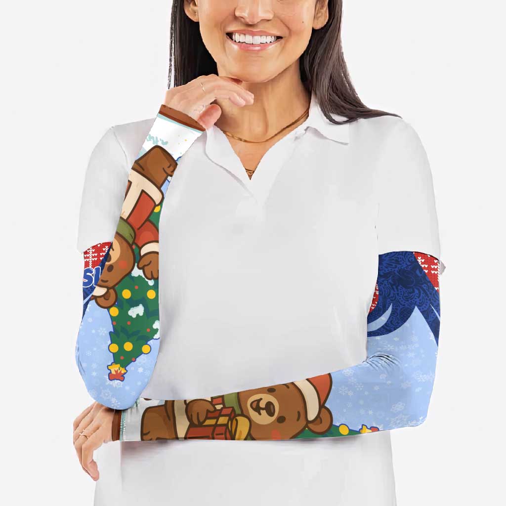 Russia Christmas Arm Sleeves with Santa Bear Gift Box Christmas Tree and Red Snowflake - Wonder Print Shop