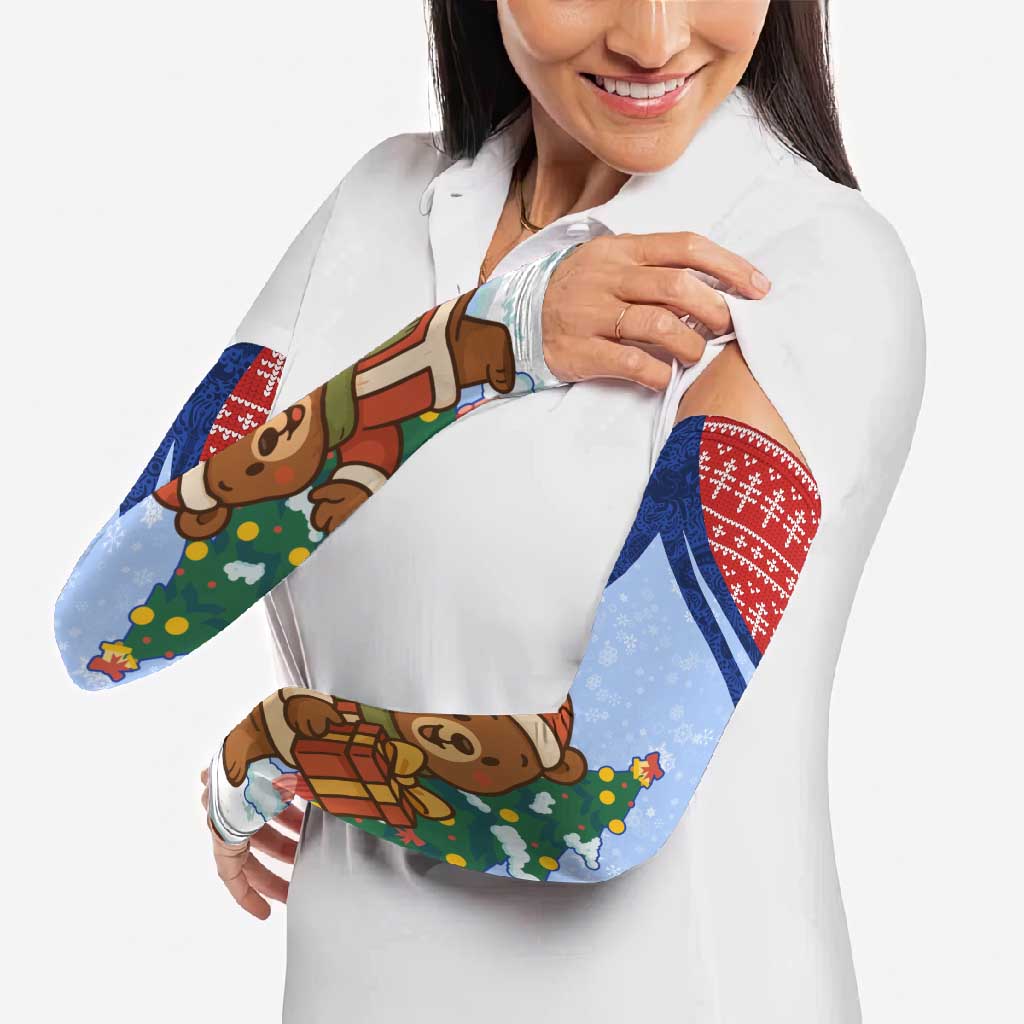 Russia Christmas Arm Sleeves with Santa Bear Gift Box Christmas Tree and Red Snowflake - Wonder Print Shop