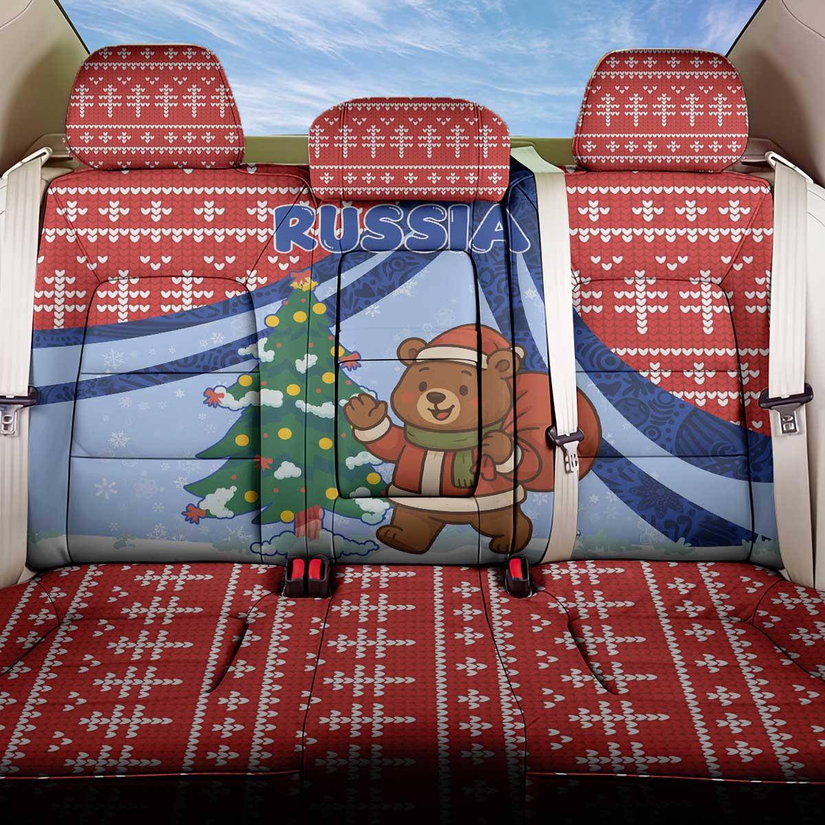 Russia Christmas Back Car Seat Cover with Santa Bear Gift Box Christmas Tree and Red Snowflake - Wonder Print Shop