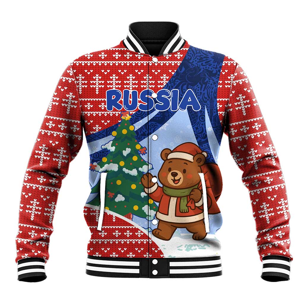 Russia Christmas Baseball Jacket with Santa Bear Gift Box Christmas Tree and Red Snowflake - Wonder Print Shop