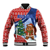 Russia Christmas Baseball Jacket with Santa Bear Gift Box Christmas Tree and Red Snowflake - Wonder Print Shop