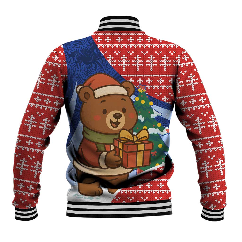 Russia Christmas Baseball Jacket with Santa Bear Gift Box Christmas Tree and Red Snowflake - Wonder Print Shop