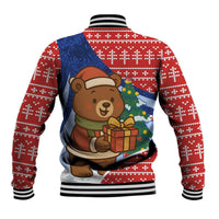Russia Christmas Baseball Jacket with Santa Bear Gift Box Christmas Tree and Red Snowflake - Wonder Print Shop