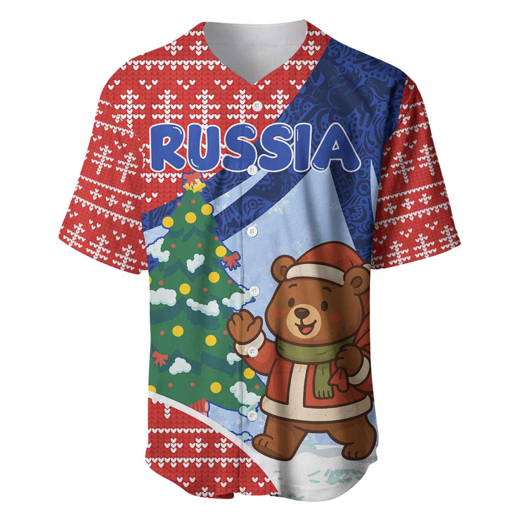 Russia Christmas Baseball Jersey with Santa Bear Gift Box Christmas Tree and Red Snowflake - Wonder Print Shop