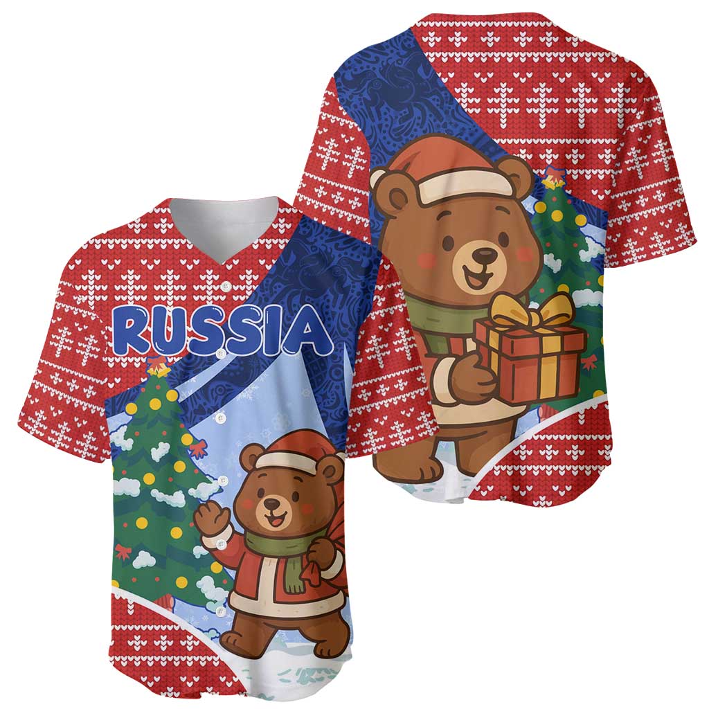 Russia Christmas Baseball Jersey with Santa Bear Gift Box Christmas Tree and Red Snowflake - Wonder Print Shop