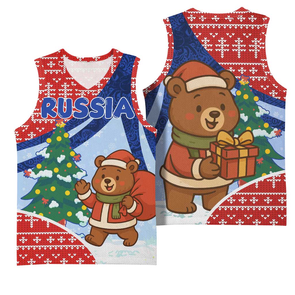 Russia Christmas Basketball Jersey with Santa Bear Gift Box Christmas Tree and Red Snowflake - Wonder Print Shop