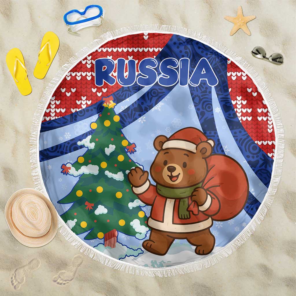 Russia Christmas Beach Blanket with Santa Bear Gift Box Christmas Tree and Red Snowflake - Wonder Print Shop