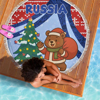 Russia Christmas Beach Blanket with Santa Bear Gift Box Christmas Tree and Red Snowflake - Wonder Print Shop