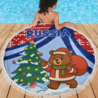 Russia Christmas Beach Blanket with Santa Bear Gift Box Christmas Tree and Red Snowflake - Wonder Print Shop