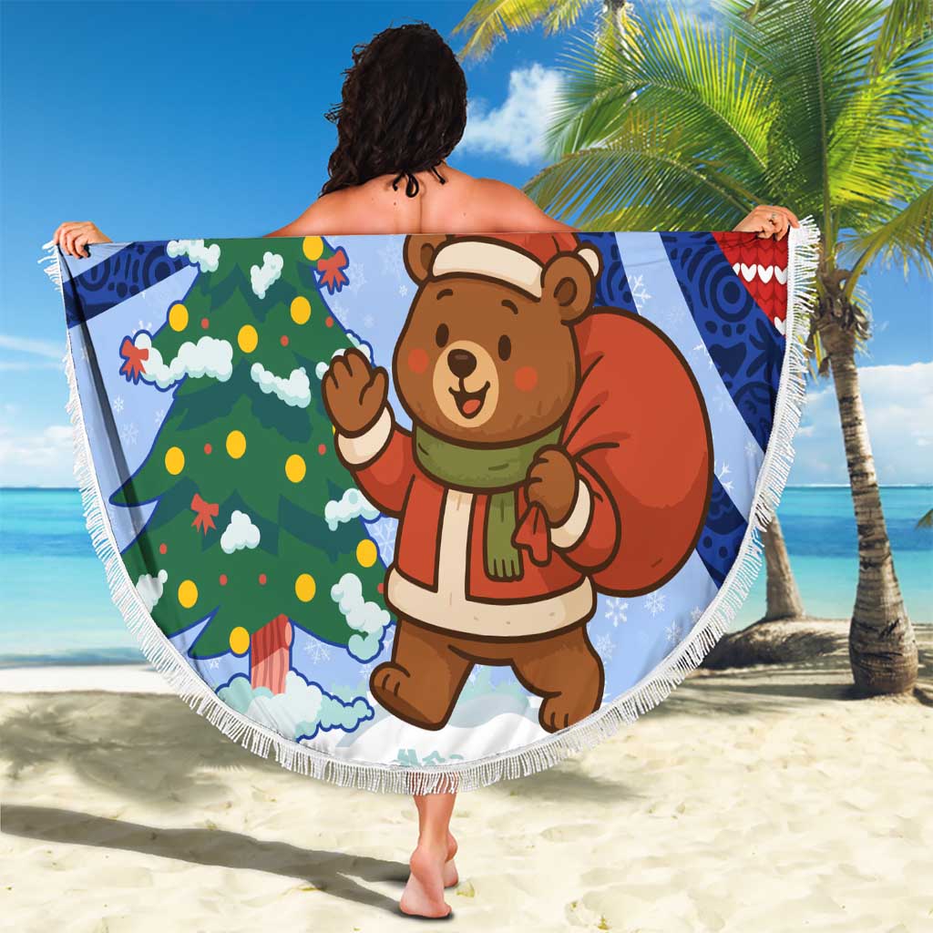 Russia Christmas Beach Blanket with Santa Bear Gift Box Christmas Tree and Red Snowflake - Wonder Print Shop
