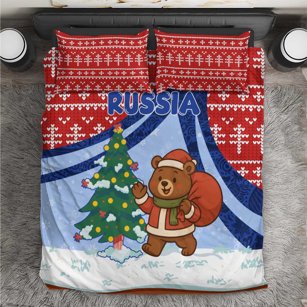 Russia Christmas Bedding Set with Santa Bear Gift Box Christmas Tree and Red Snowflake - Wonder Print Shop