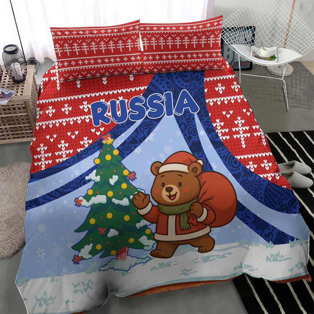 Russia Christmas Bedding Set with Santa Bear Gift Box Christmas Tree and Red Snowflake - Wonder Print Shop