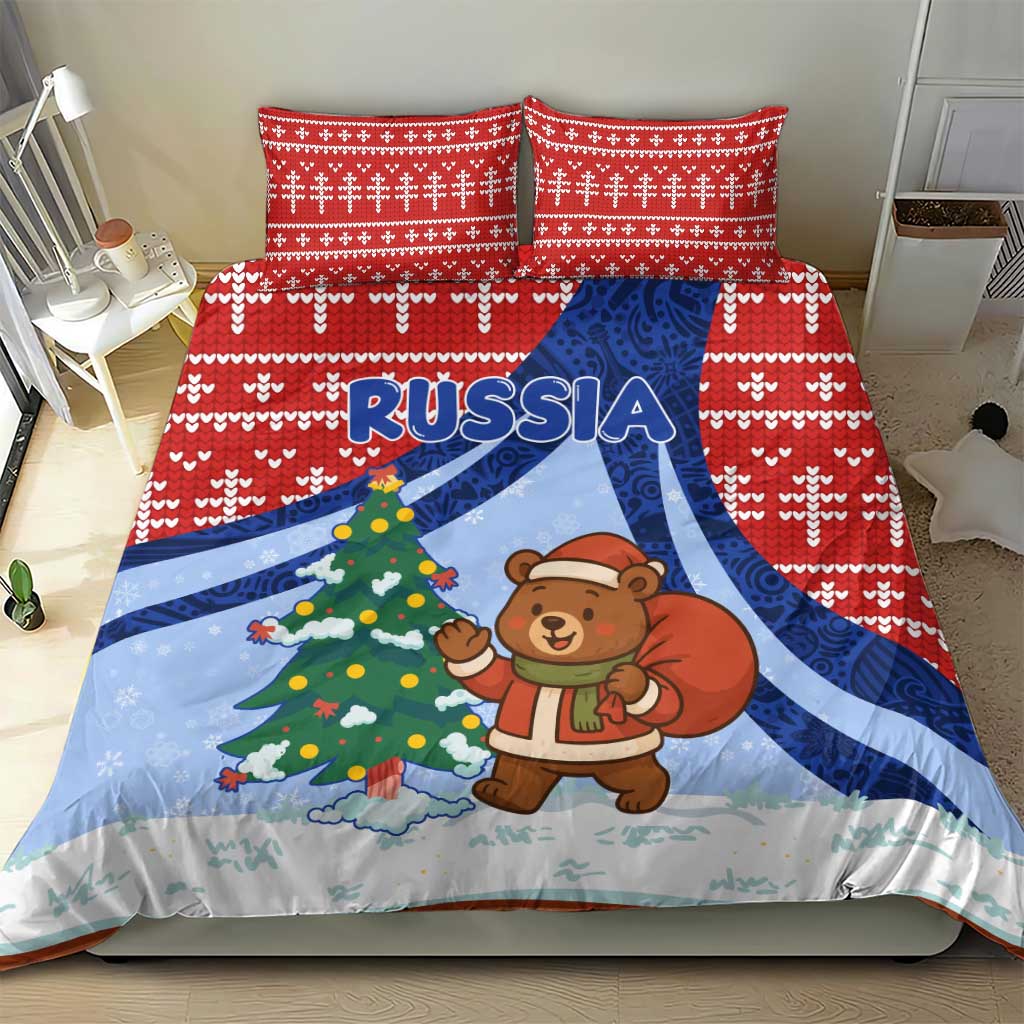Russia Christmas Bedding Set with Santa Bear Gift Box Christmas Tree and Red Snowflake - Wonder Print Shop