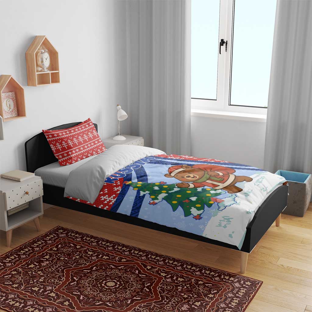 Russia Christmas Bedding Set with Santa Bear Gift Box Christmas Tree and Red Snowflake - Wonder Print Shop