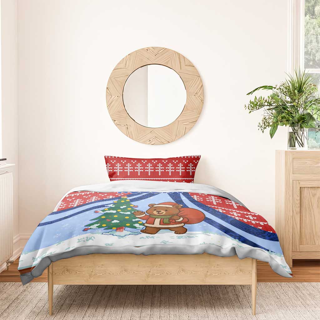 Russia Christmas Bedding Set with Santa Bear Gift Box Christmas Tree and Red Snowflake - Wonder Print Shop