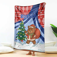 Russia Christmas Blanket with Santa Bear Gift Box Christmas Tree and Red Snowflake - Wonder Print Shop