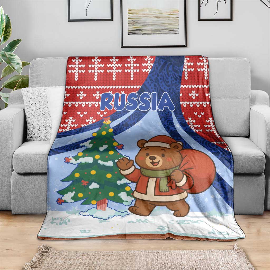 Russia Christmas Blanket with Santa Bear Gift Box Christmas Tree and Red Snowflake - Wonder Print Shop